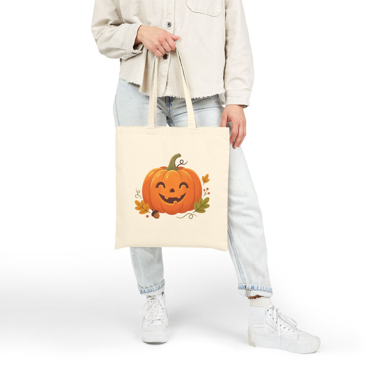 Halloween Pumpkin Canvas Tote Bag — Jack-O'-Lantern Fall Market Bag