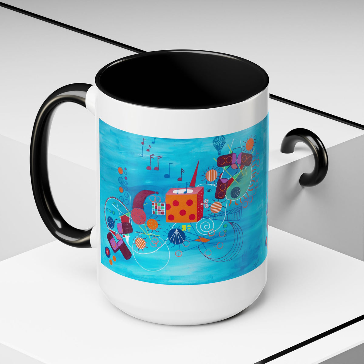 Abstract Blue Original Artwork Coffee Mug — Colorful Musical Geometric Design (15oz)