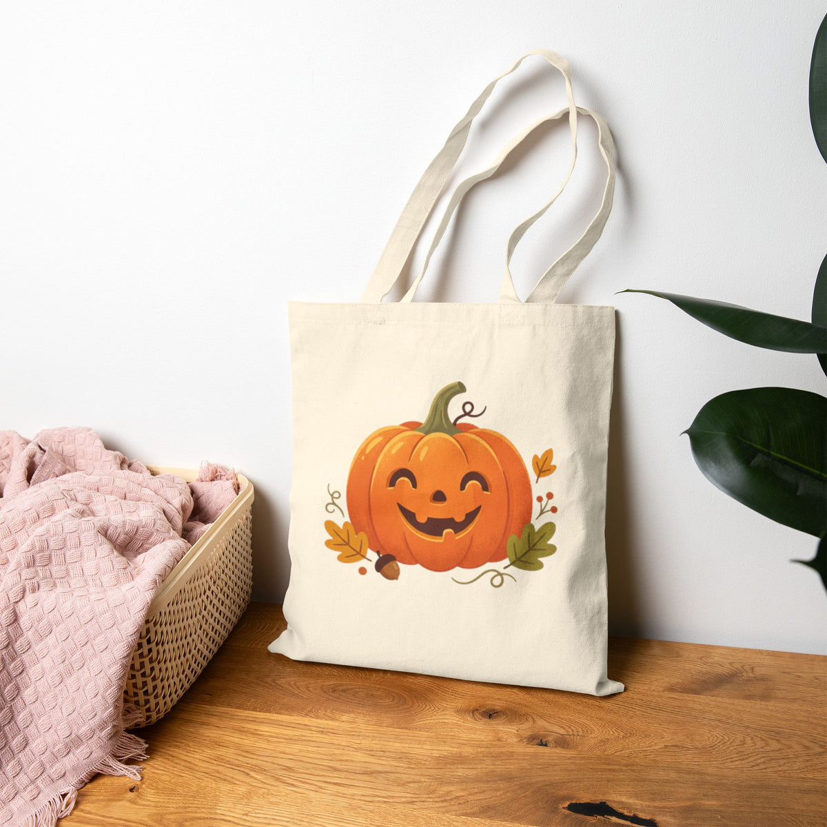 Halloween Pumpkin Canvas Tote Bag — Jack-O'-Lantern Fall Market Bag