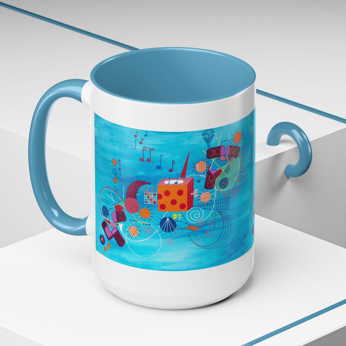 Abstract Blue Original Artwork Coffee Mug — Colorful Musical Geometric Design (15oz)